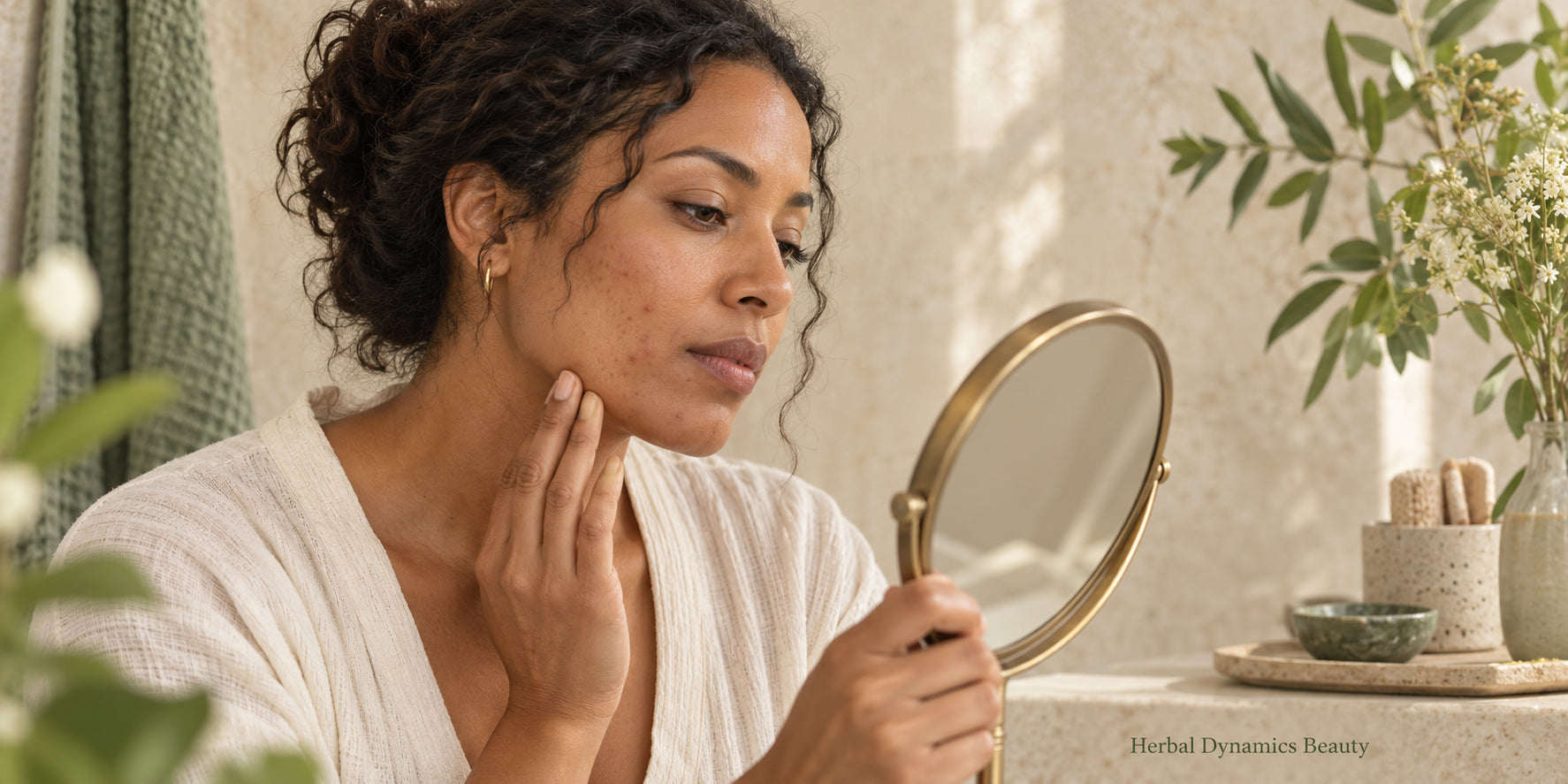 Illustration of an adult examining facial blemishes in a handheld mirror
