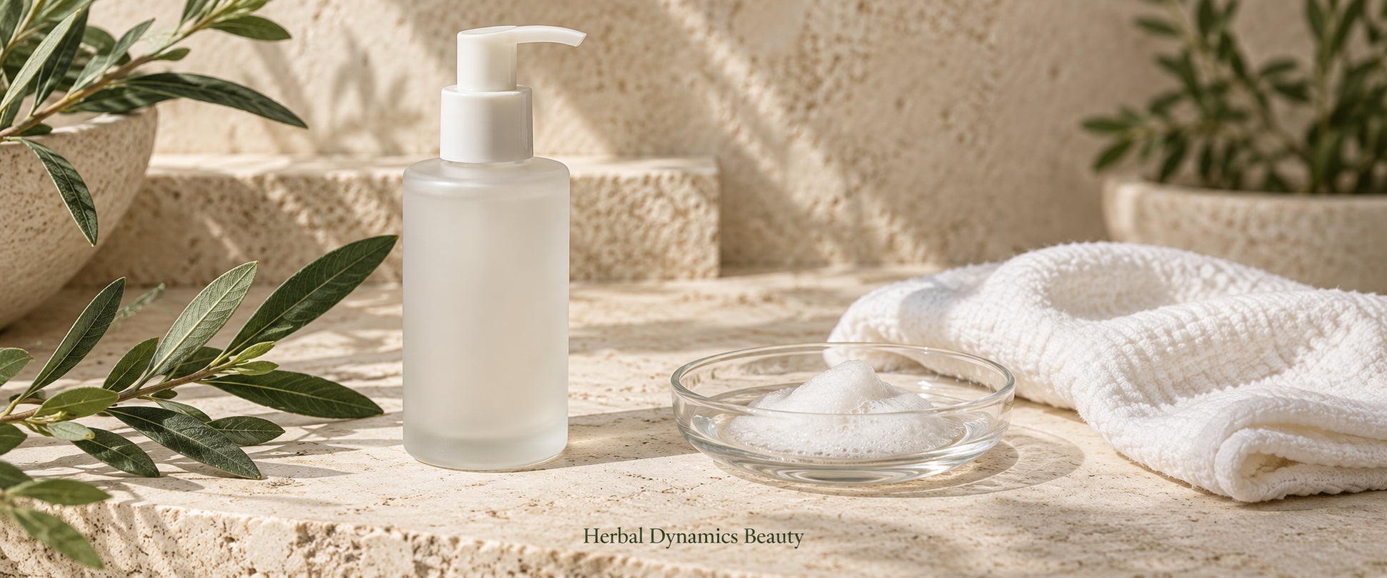 Illustrative facial cleanser bottle beside foam, a soft white towel and green leaves