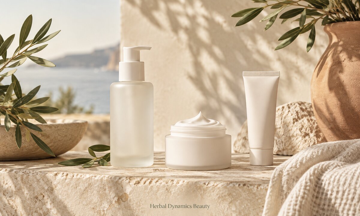 Unlabeled cleanser, moisturizer and sunscreen containers in a gentle skincare still life.