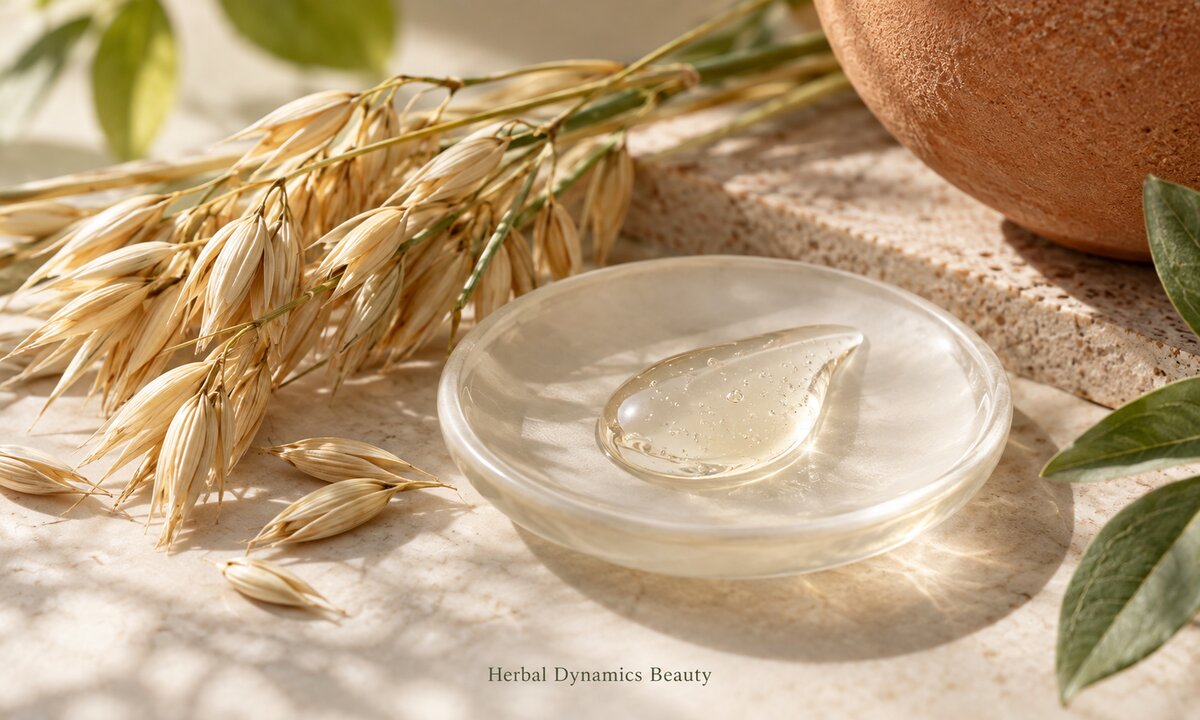 Oat heads beside a clear cosmetic gel representing beta-glucan skincare.