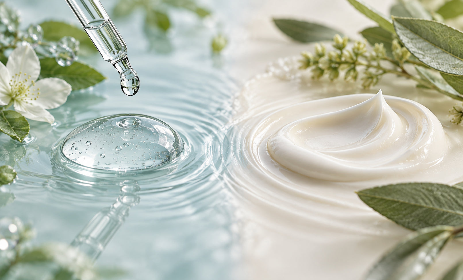Hyaluronic acid serum and moisturizer illustrating balanced skin hydration