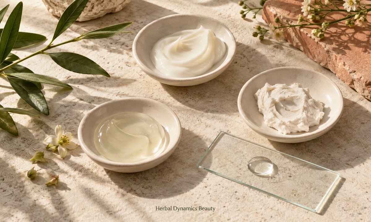 Three cosmetic cream textures in ceramic dishes for a ceramide ingredient guide.