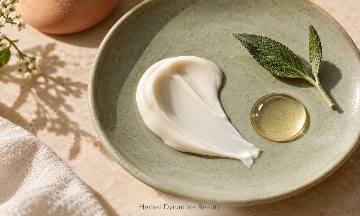 An ivory cream smear and pale oil droplet on a sage ceramic dish.