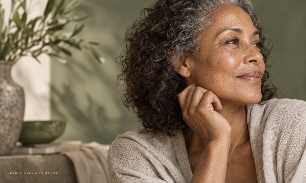 A woman with natural mature-skin texture resting her hand beside her jaw.