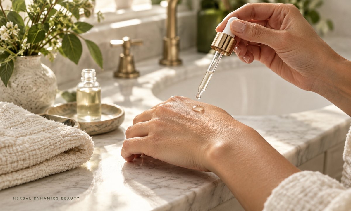 A dropper applying a small amount of serum to the back of a hand.