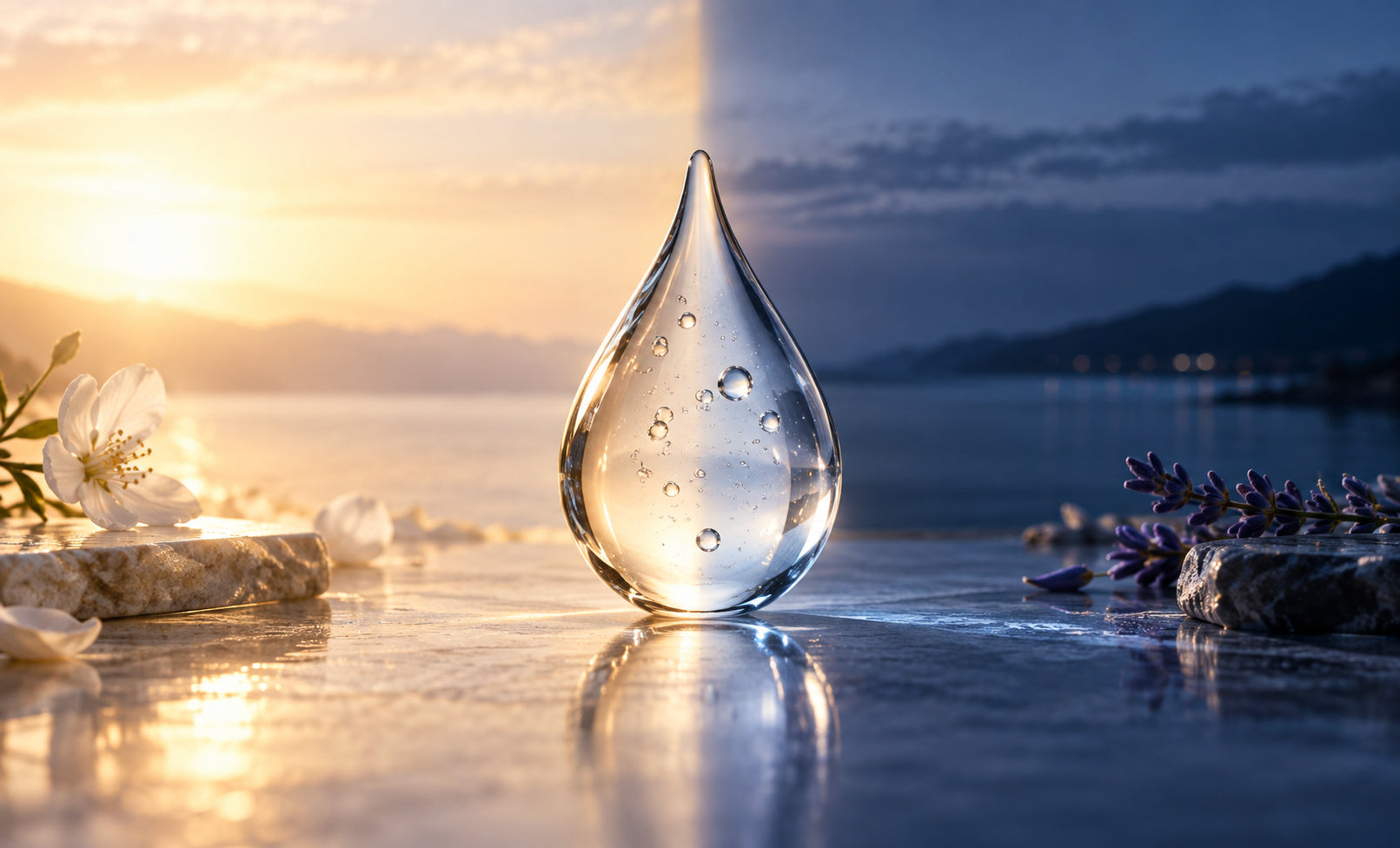 Hyaluronic acid serum shown between soft morning and evening light
