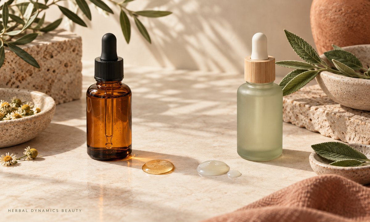 Amber and frosted serum bottles representing a peptide and retinol comparison.