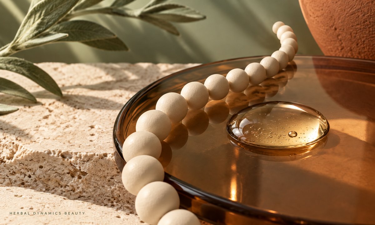 Ivory ceramic beads and a serum droplet illustrating a peptide-chain concept.