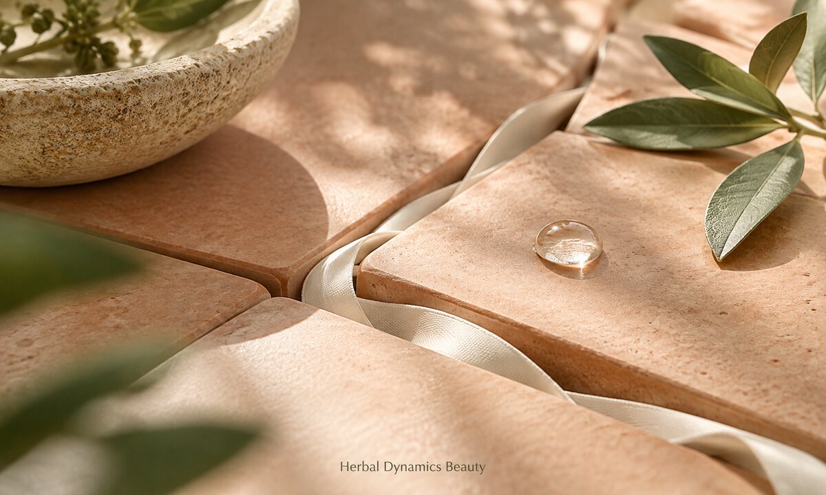 Terracotta tiles, a cream ribbon and a water droplet illustrating the skin barrier.