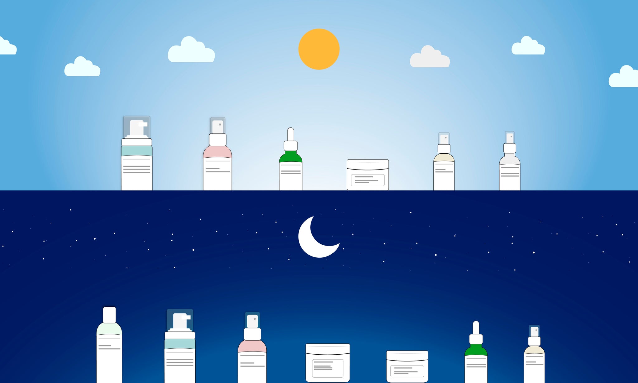 Illustration of skincare bottles and jars for morning and evening routines