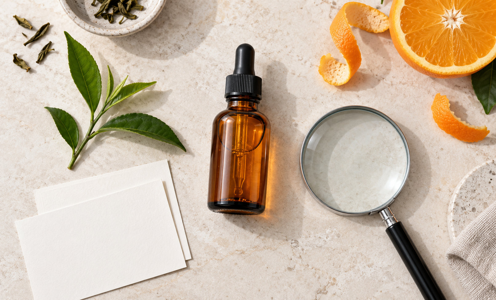 Vitamin C serum with a magnifying glass for evidence-based evaluation