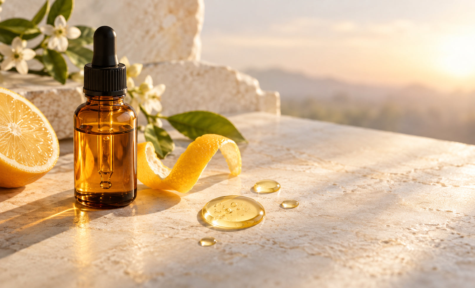 Vitamin C serum and golden droplets in luminous morning light
