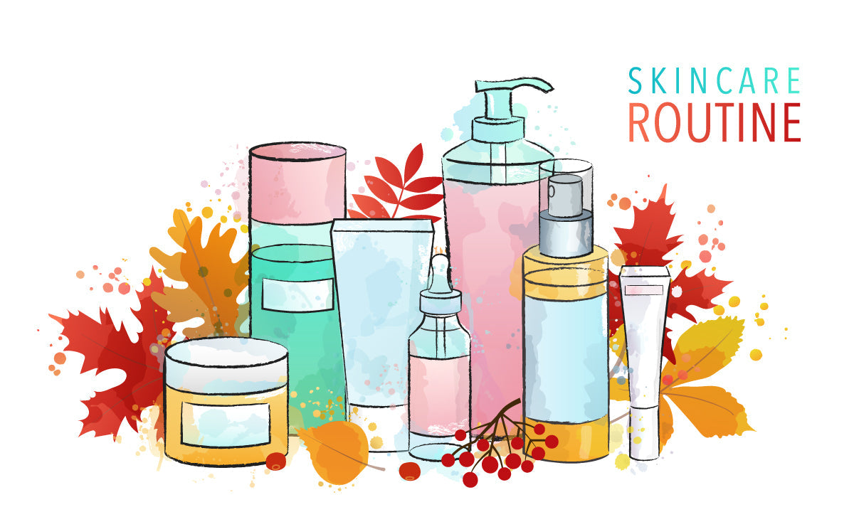 Illustration of skincare bottles, a dropper, tubes and a cream jar among colorful leaves