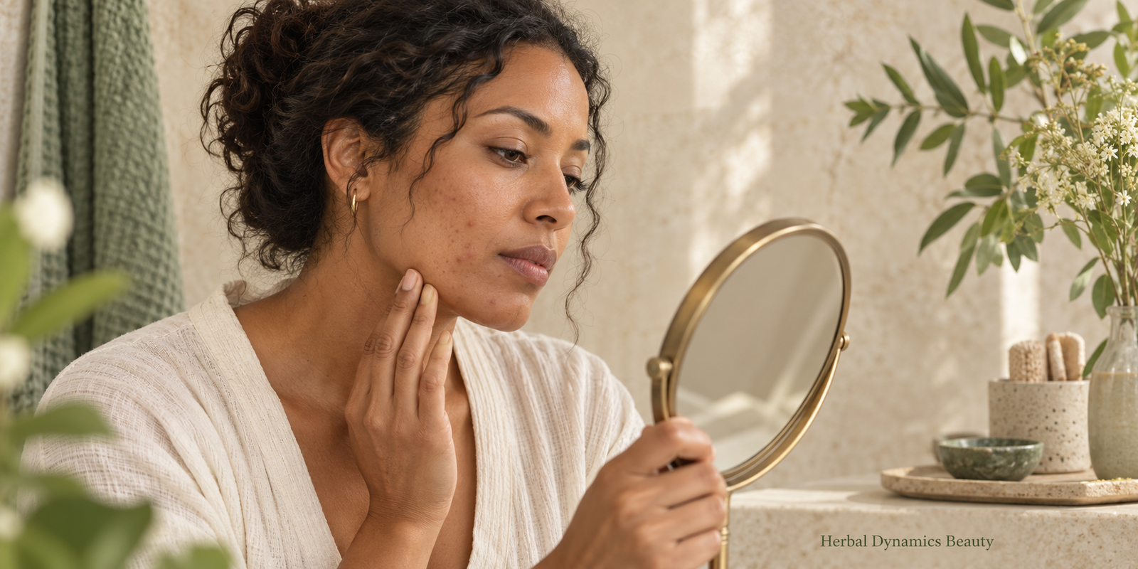 Illustration of an adult examining facial blemishes in a handheld mirror