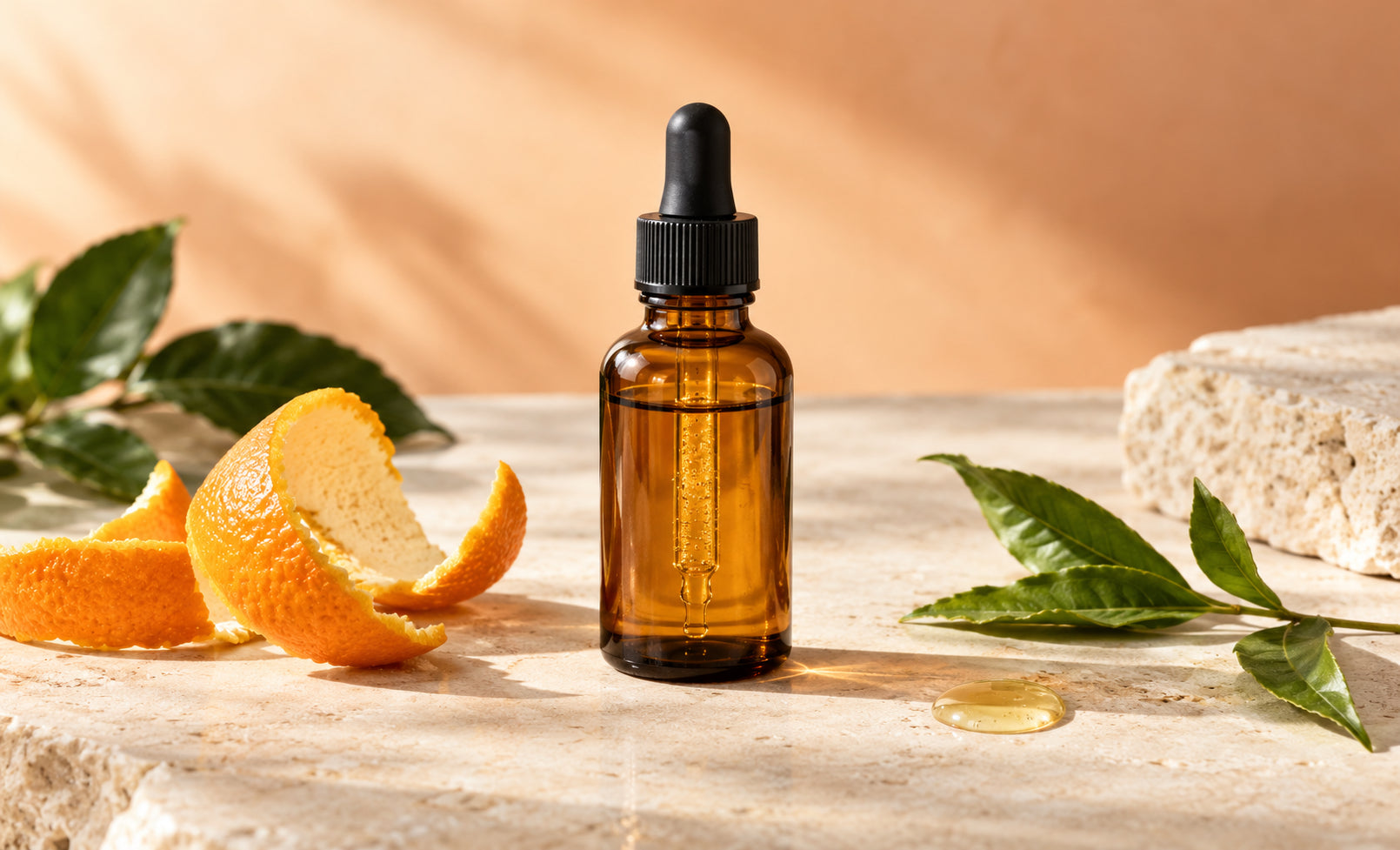 Vitamin C serum, citrus peel and green tea in an editorial skincare still life