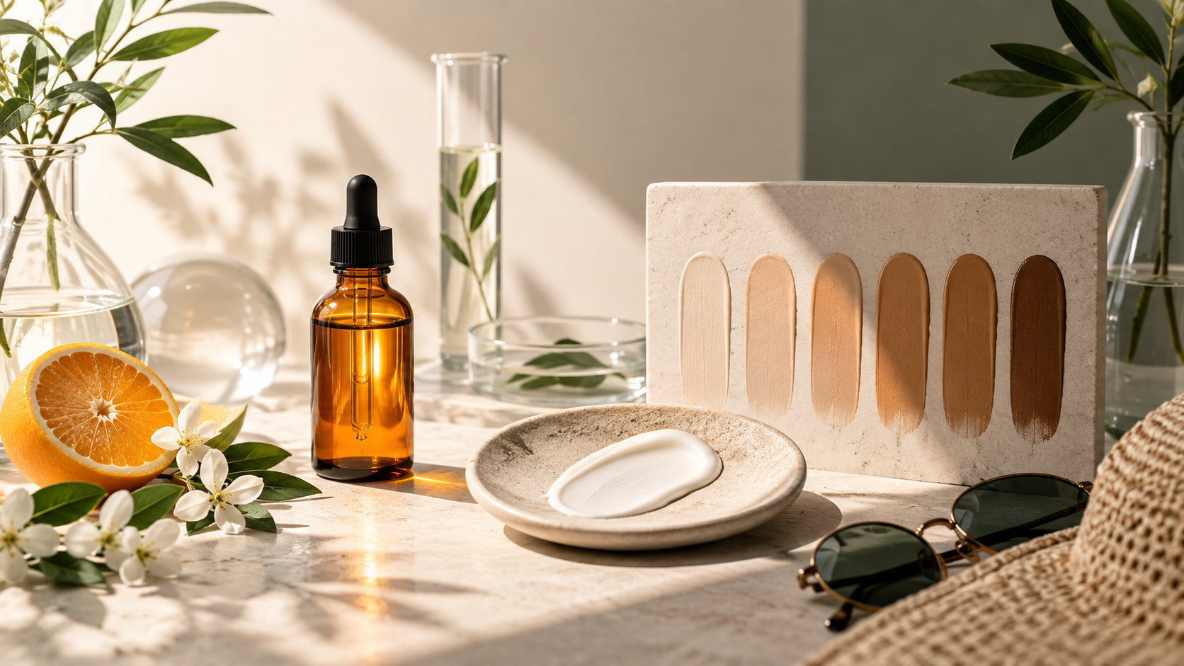 Vitamin C serum, sunscreen and varied skin-tone swatches in sun and shade