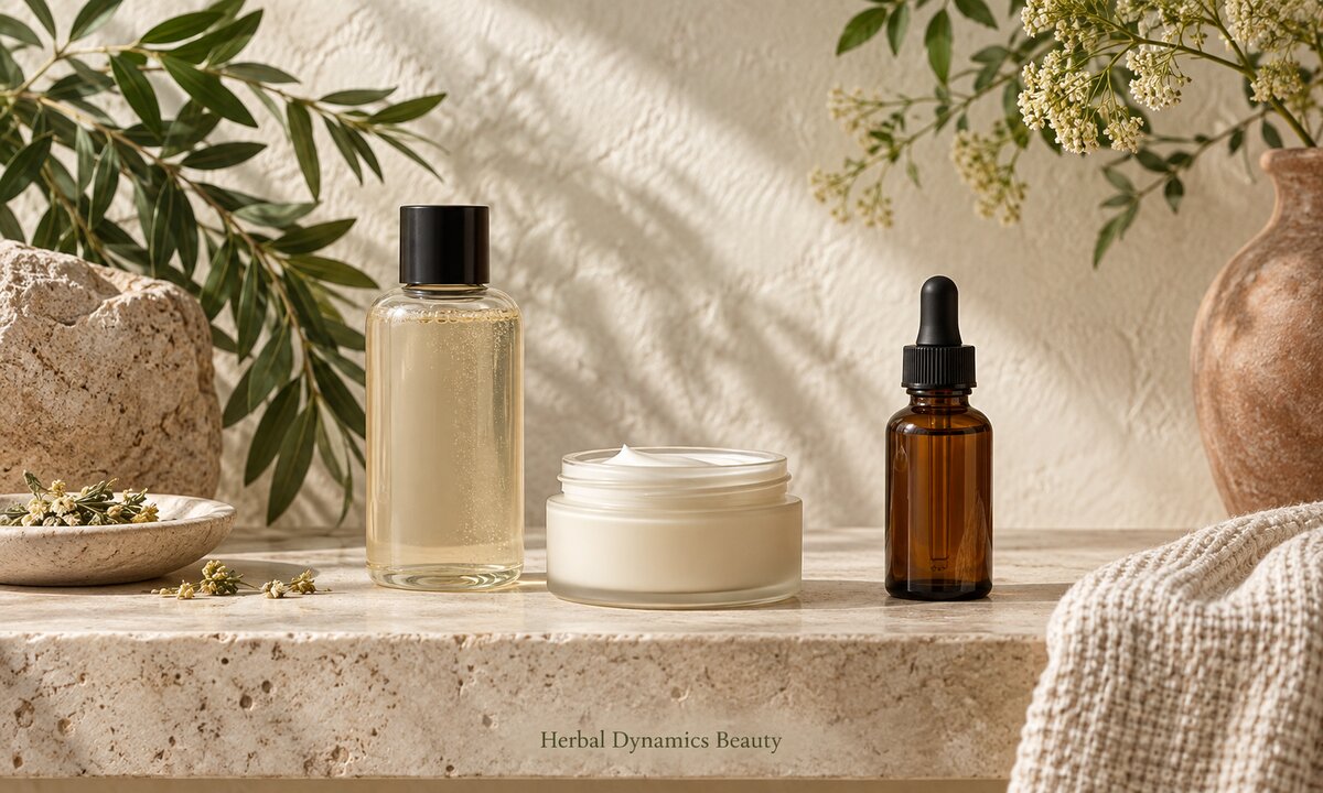 An amber dropper bottle set apart from cleanser and moisturizer.