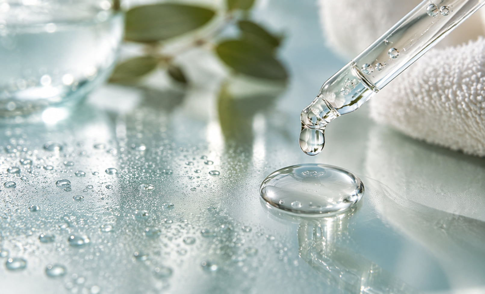 Hyaluronic acid serum beside fine water droplets for damp-skin application
