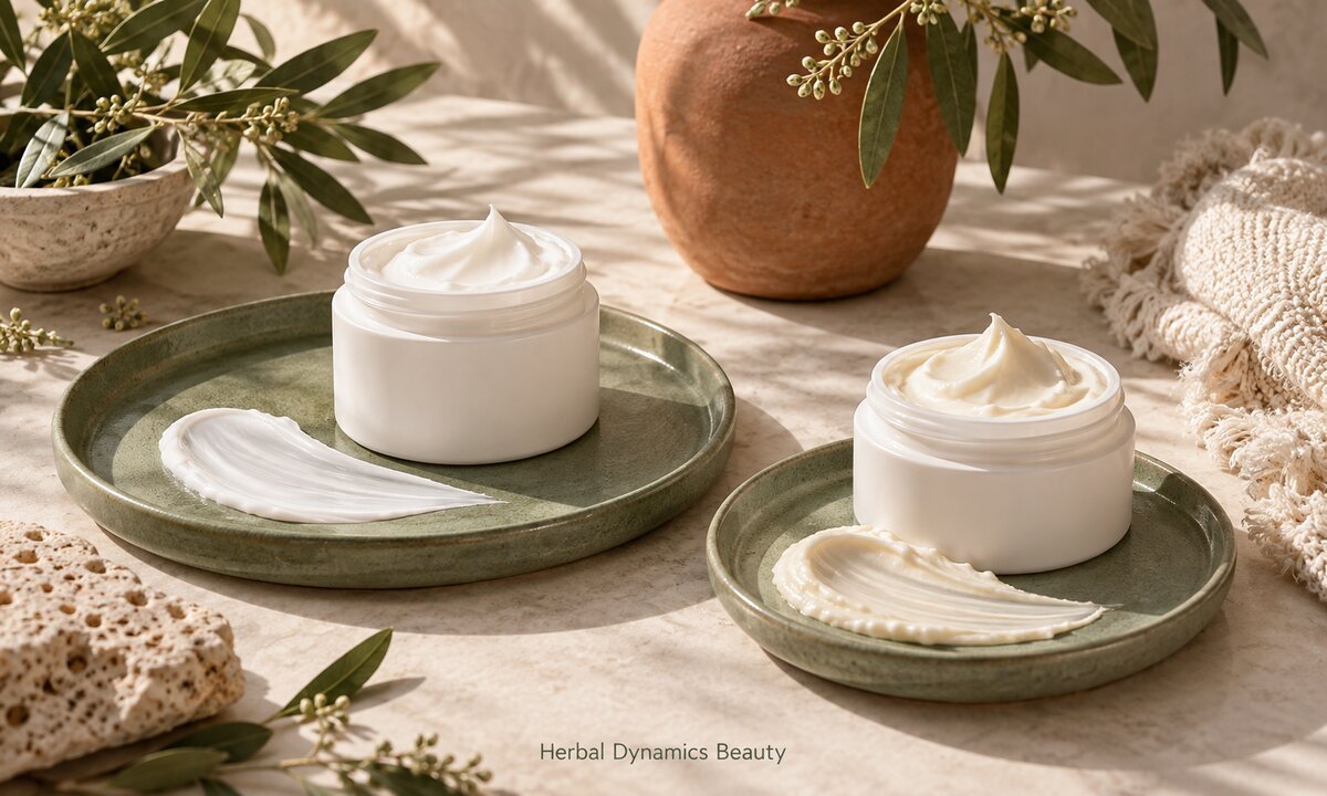 Two unlabeled moisturizer jars and cream textures on sage-colored trays.