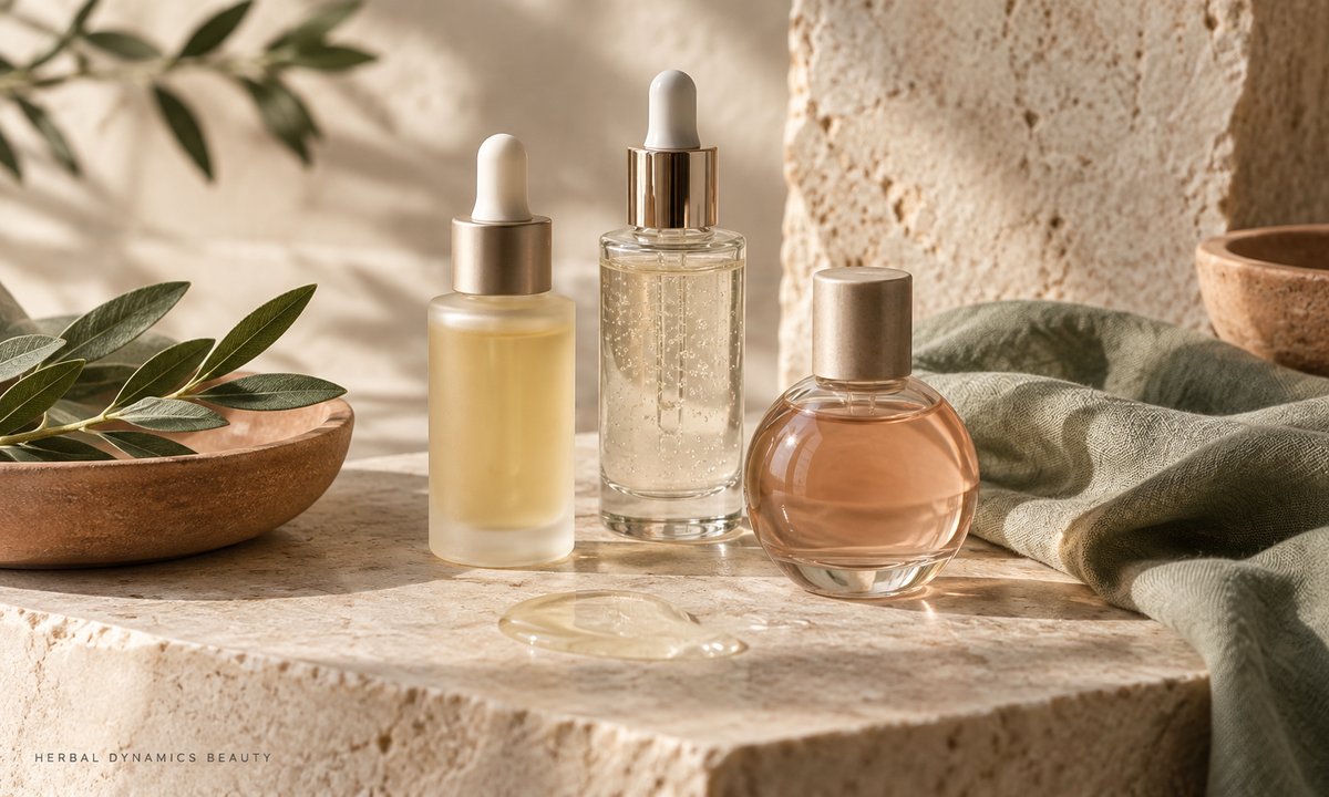 Three unlabeled serum bottles and a serum texture on warm ivory stone.
