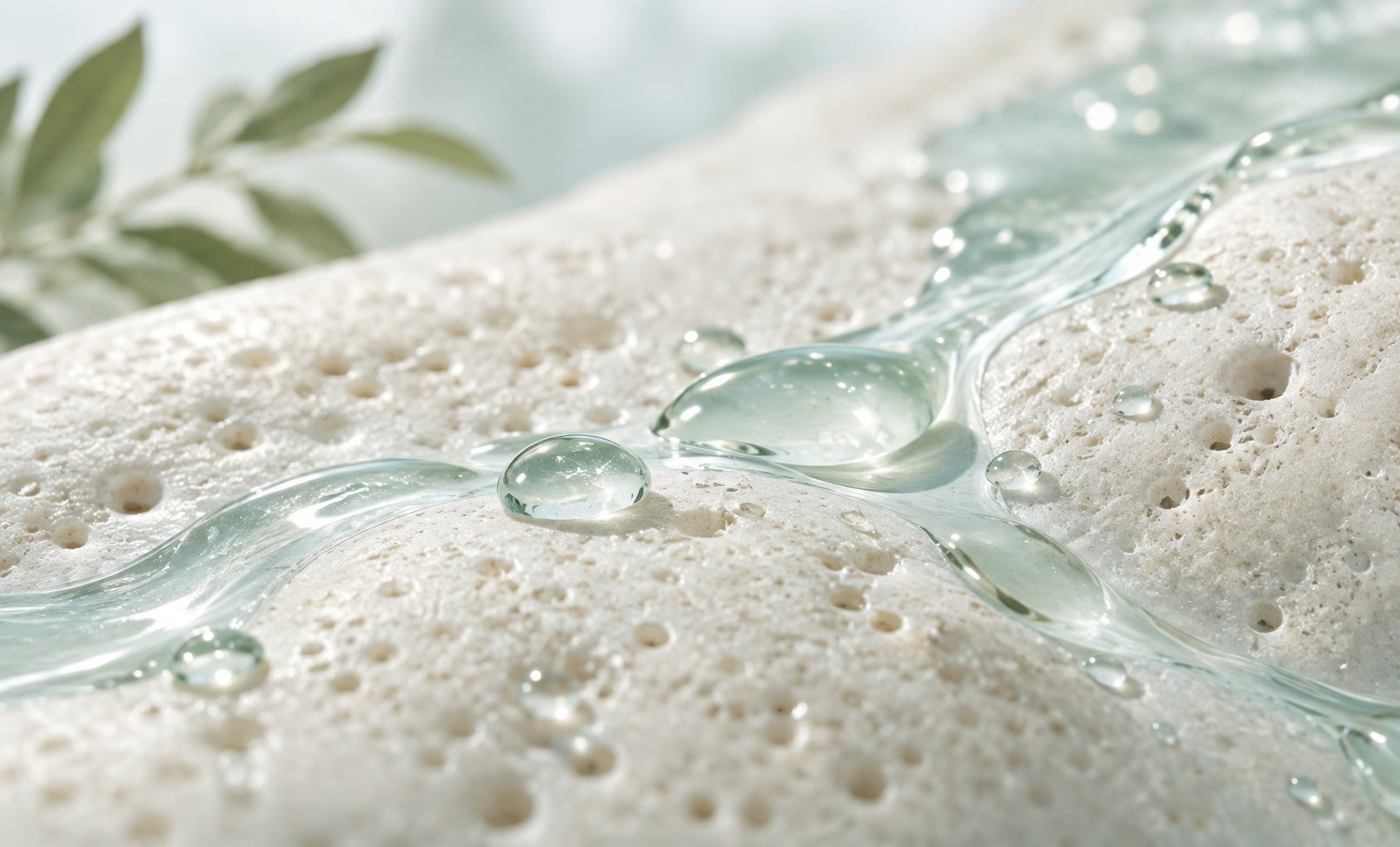 Lightweight hyaluronic acid serum flowing across a clean textured surface