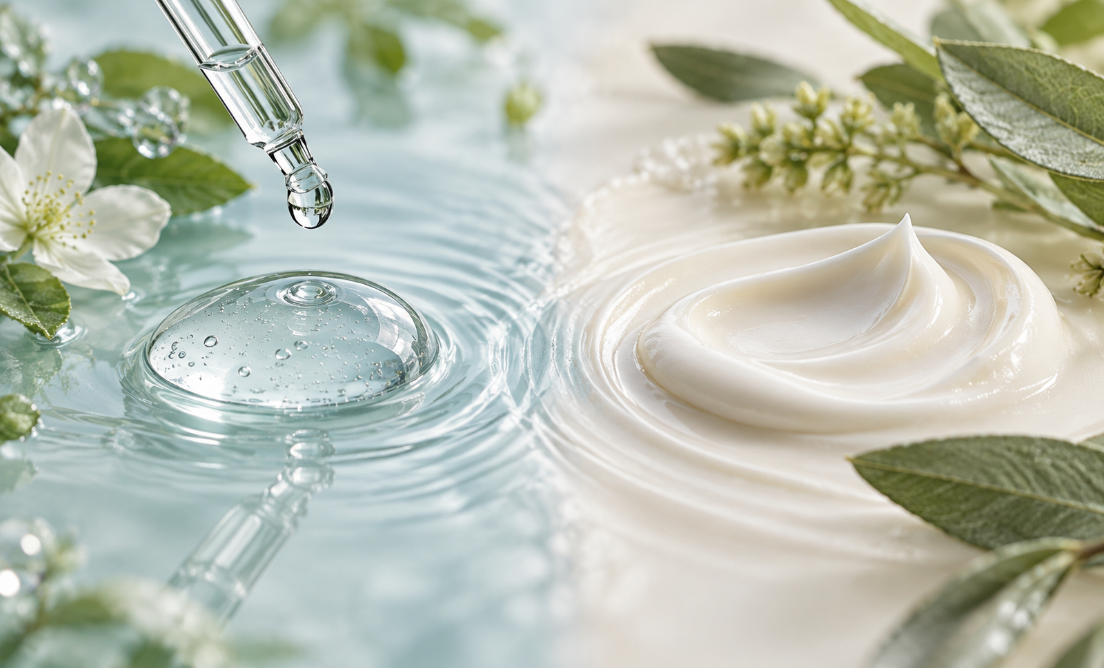 Hyaluronic acid serum and moisturizer illustrating balanced skin hydration