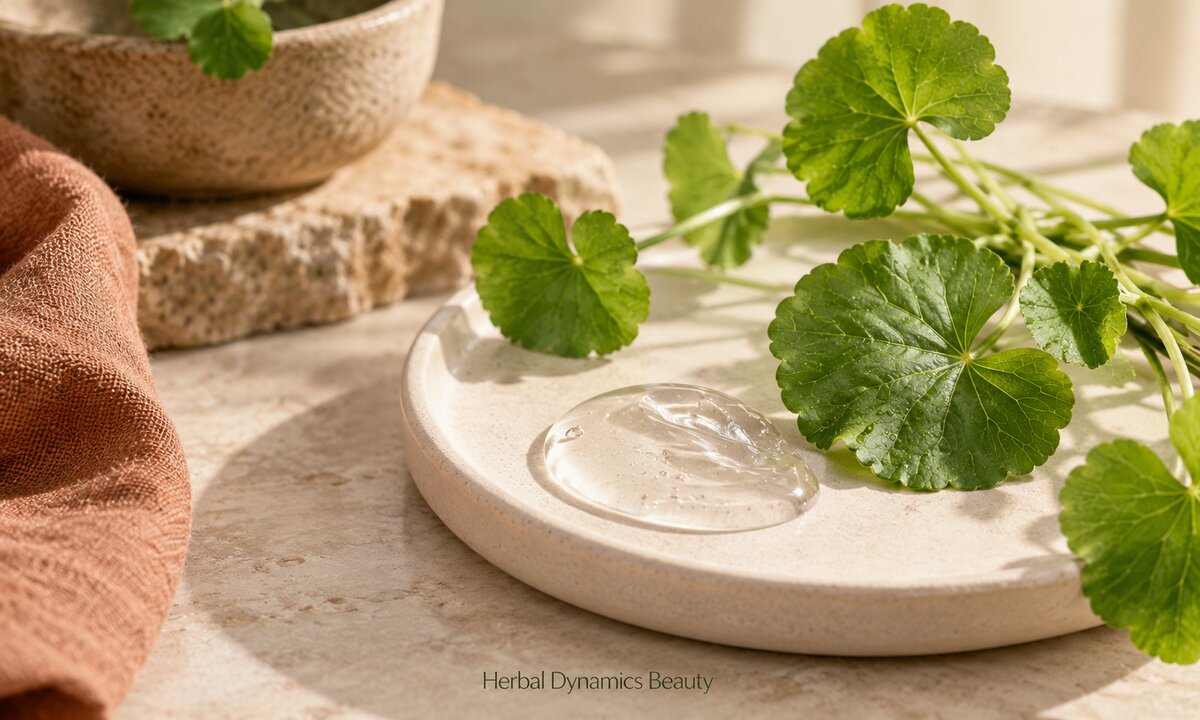 Rounded Centella asiatica leaves beside a clear cosmetic gel.
