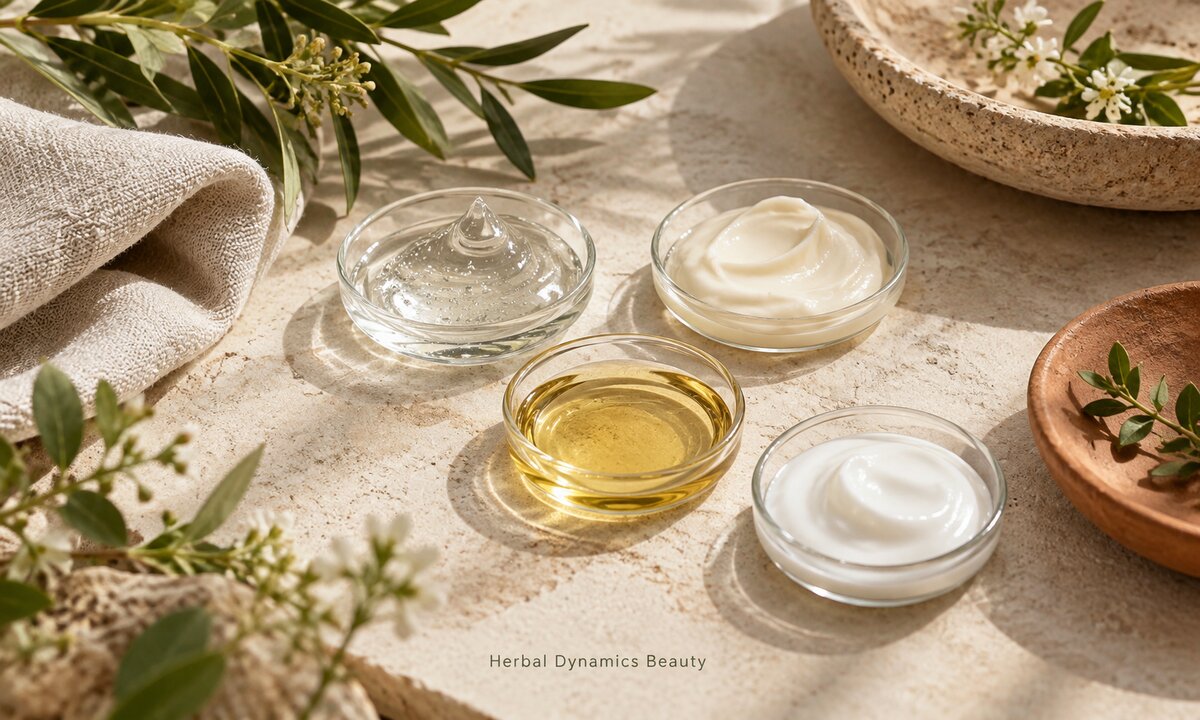 Gel, cream, oil and lotion textures in separate glass dishes.