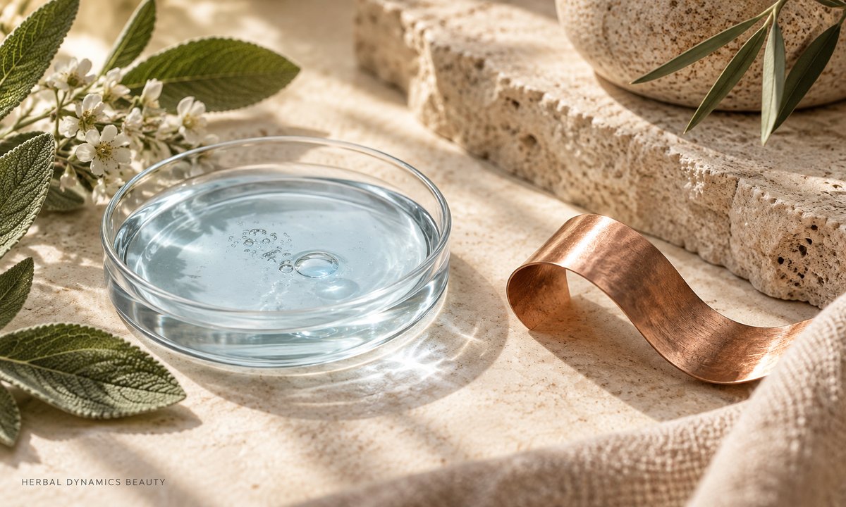 Pale blue serum beside a copper ribbon, an editorial illustration of copper peptides.