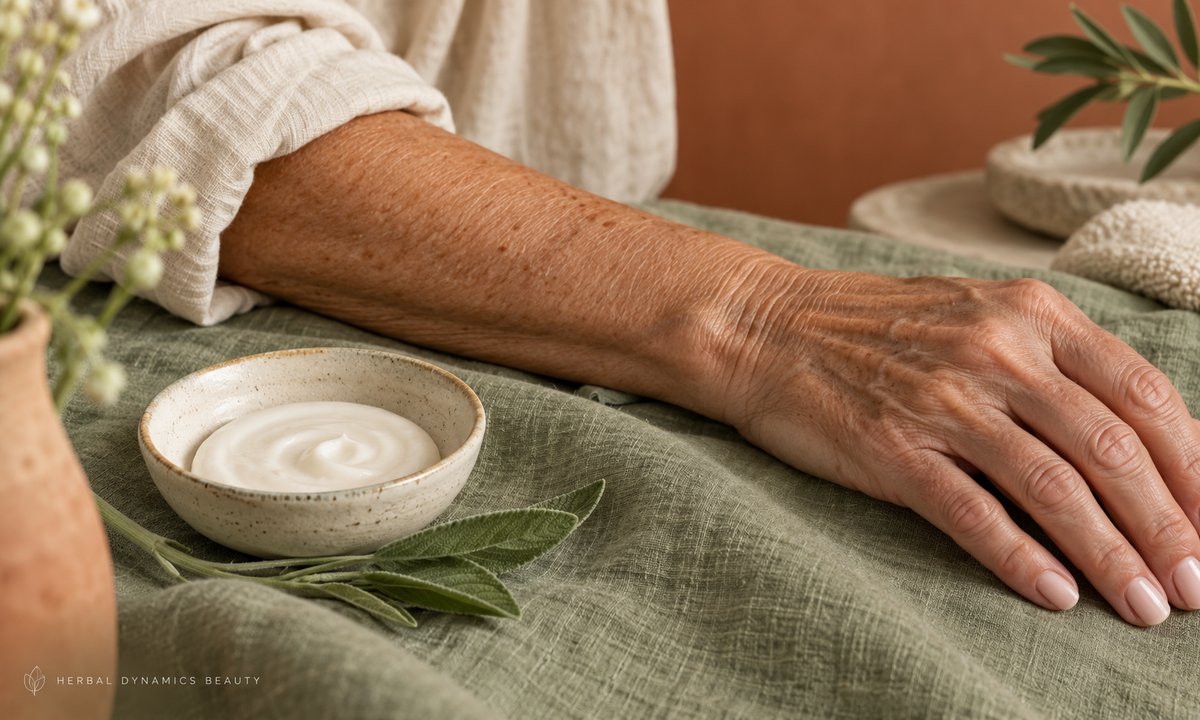 An older adult’s hand and forearm beside a dish of moisturizer.