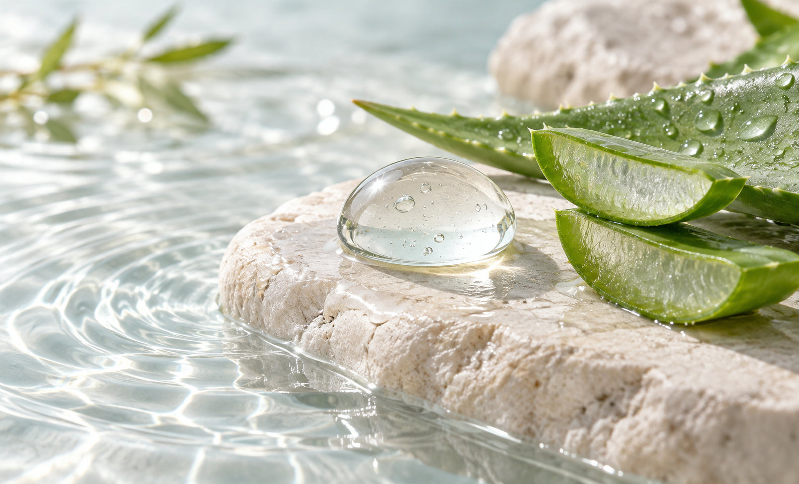 Clear serum and water ripples representing hydration for dehydrated skin