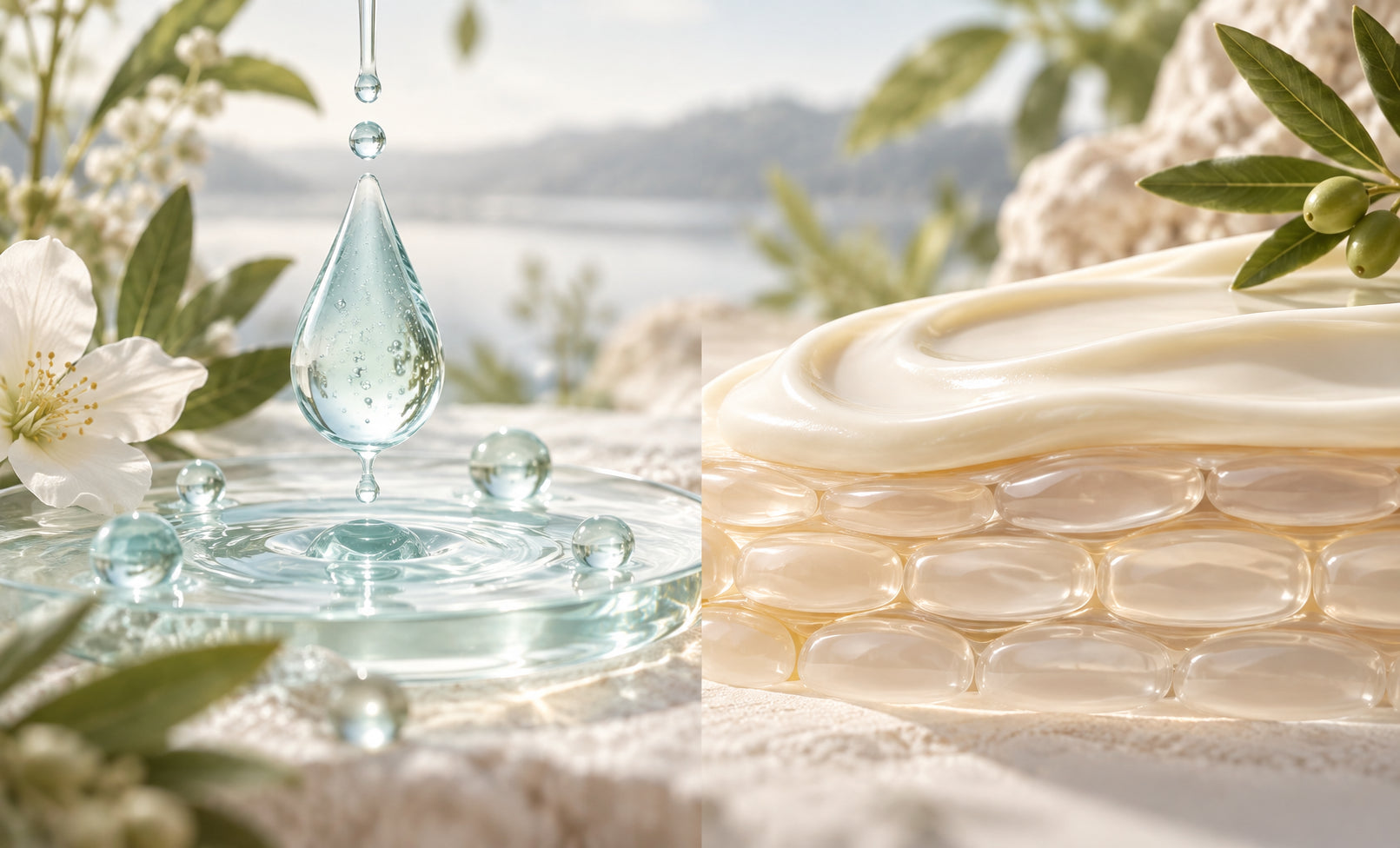 Illustration of a water-based skincare layer beside a cream layer