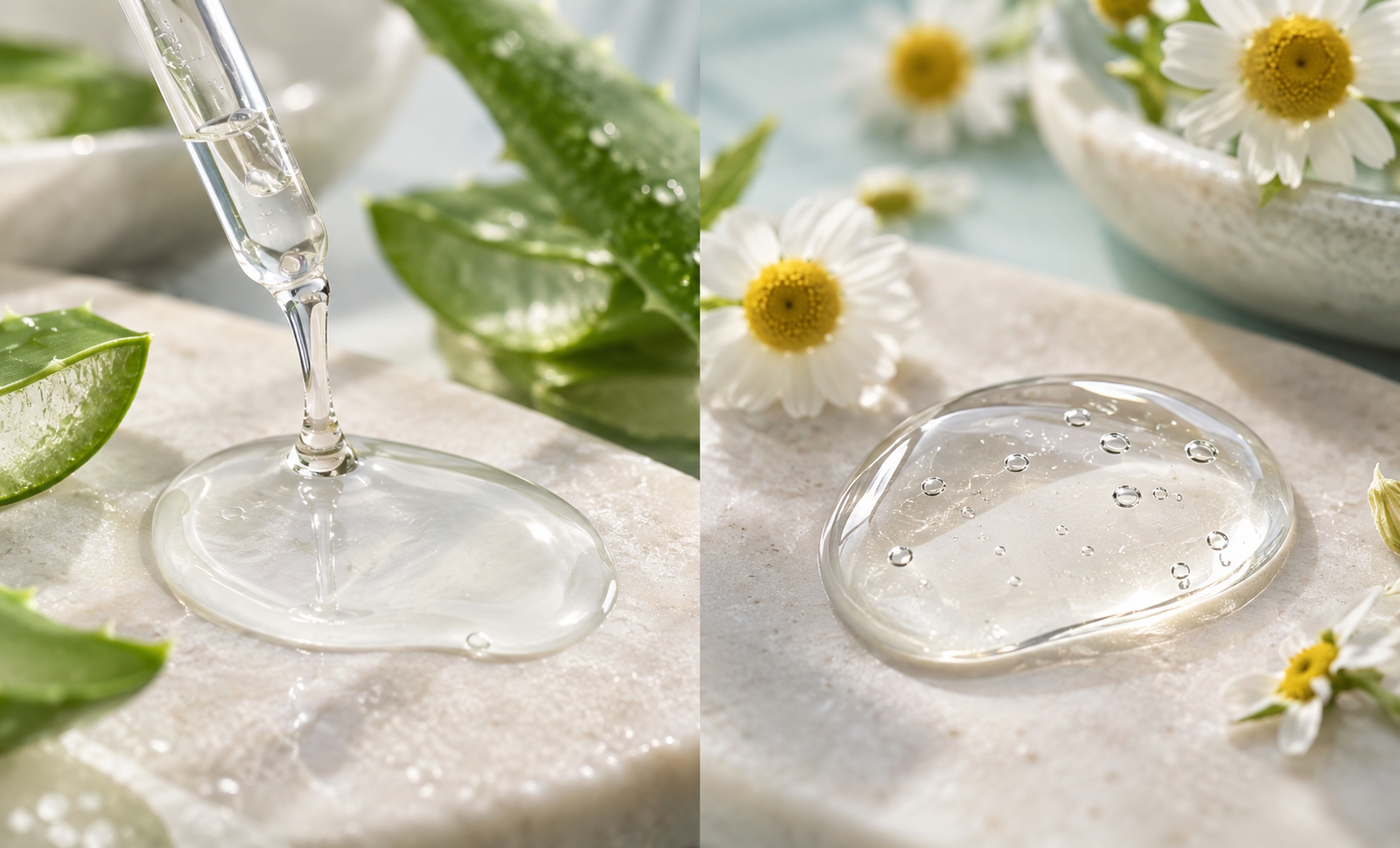 Hyaluronic acid and glycerin humectant textures compared side by side