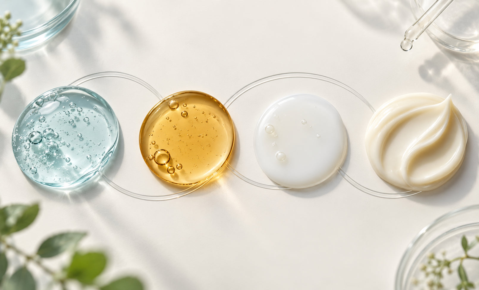 Hyaluronic acid, vitamin C, niacinamide and retinoid skincare textures