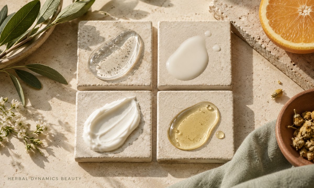 Four cosmetic textures on ceramic tiles representing different skincare ingredient roles.
