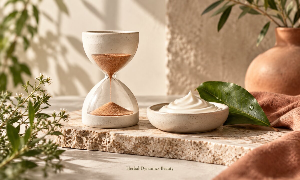 Ceramic hourglass, moisturizer and a leaf representing patient skincare recovery.