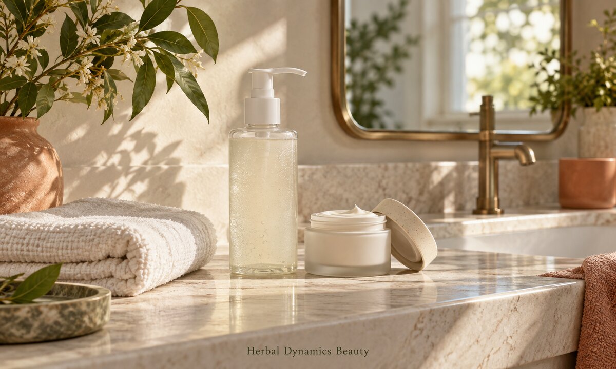Cleanser, moisturizer and a folded towel arranged for a simple skincare routine.