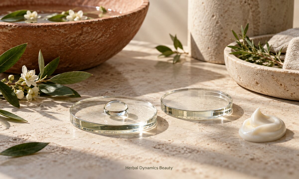 Water on glass beside a dry glass disc and moisturizer, illustrating water loss.