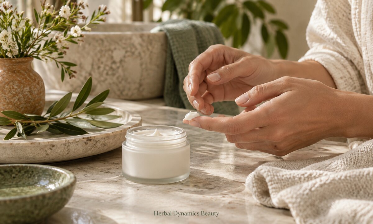 A small dab of moisturizer on a fingertip beside an unlabeled cream jar.
