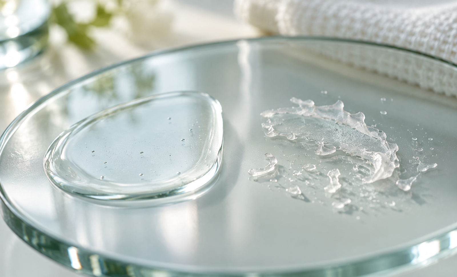 Smooth serum film compared with translucent skincare pilling on glass