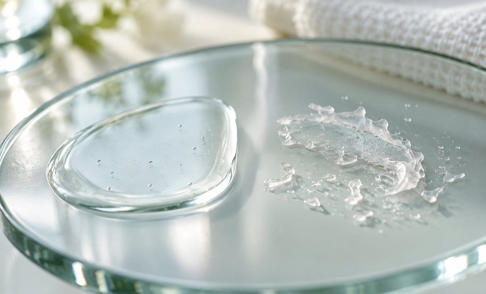 Smooth serum film compared with translucent skincare pilling on glass