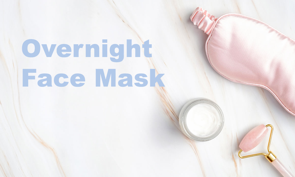 Overnight face mask illustration with a cream jar, pink sleep mask and facial roller