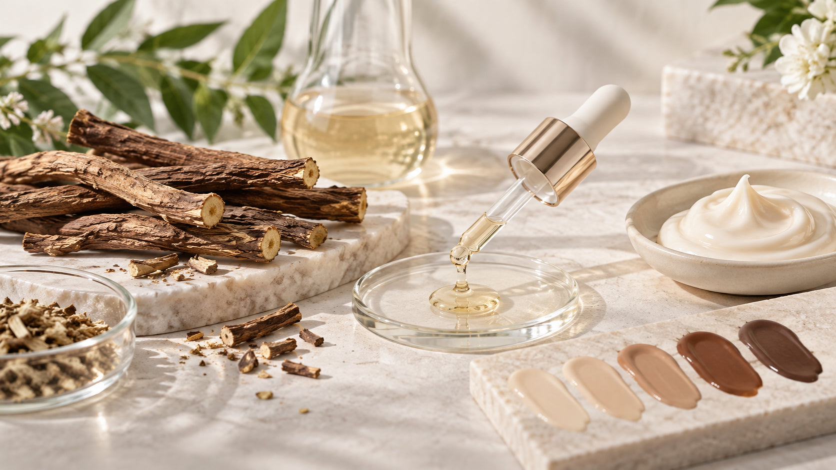 Cut botanical roots beside a glass dropper, golden liquid, cream and four skin-tone color swatches.