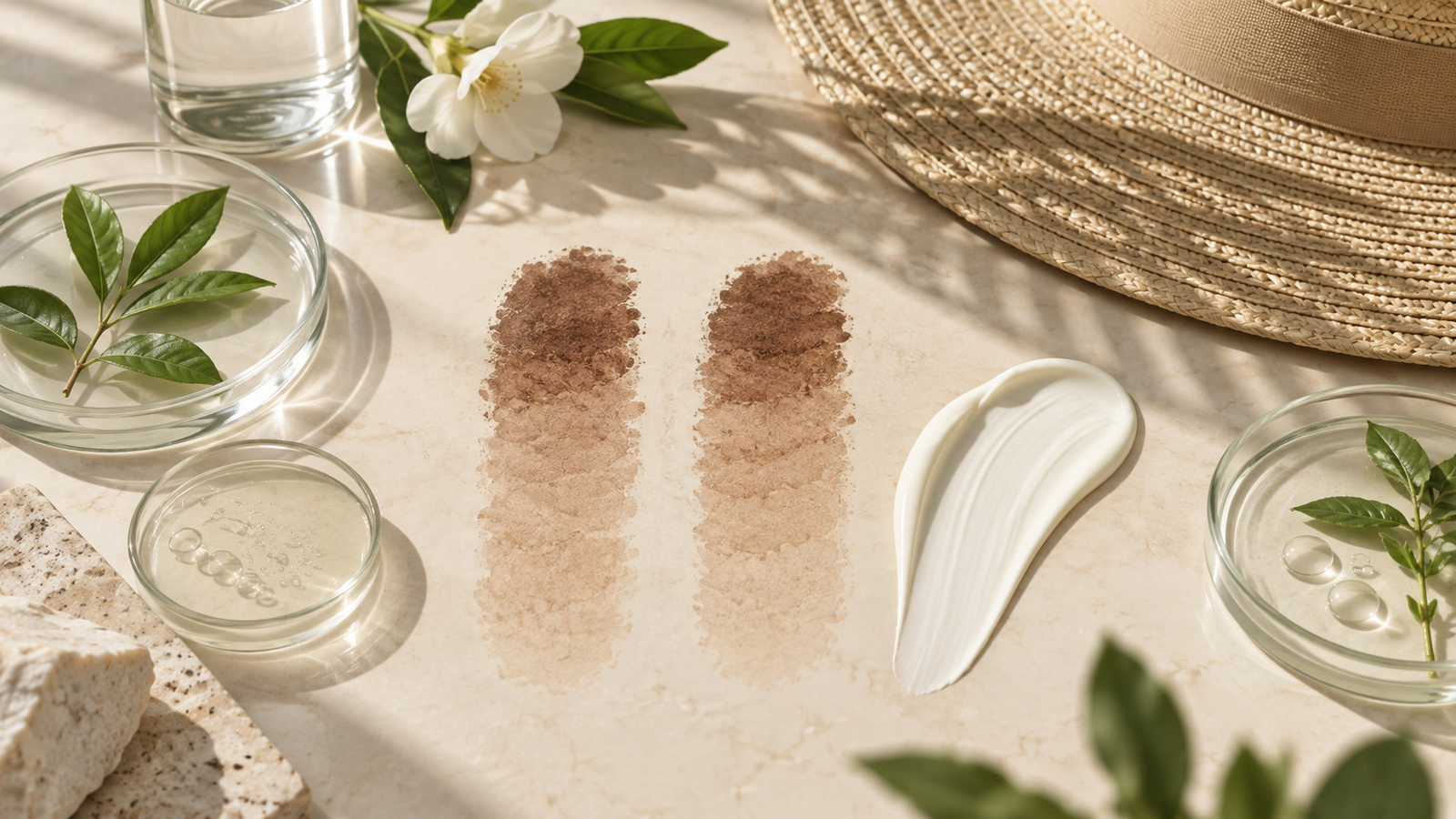 Symmetrical pigment swatches with sunscreen and sun-protection elements