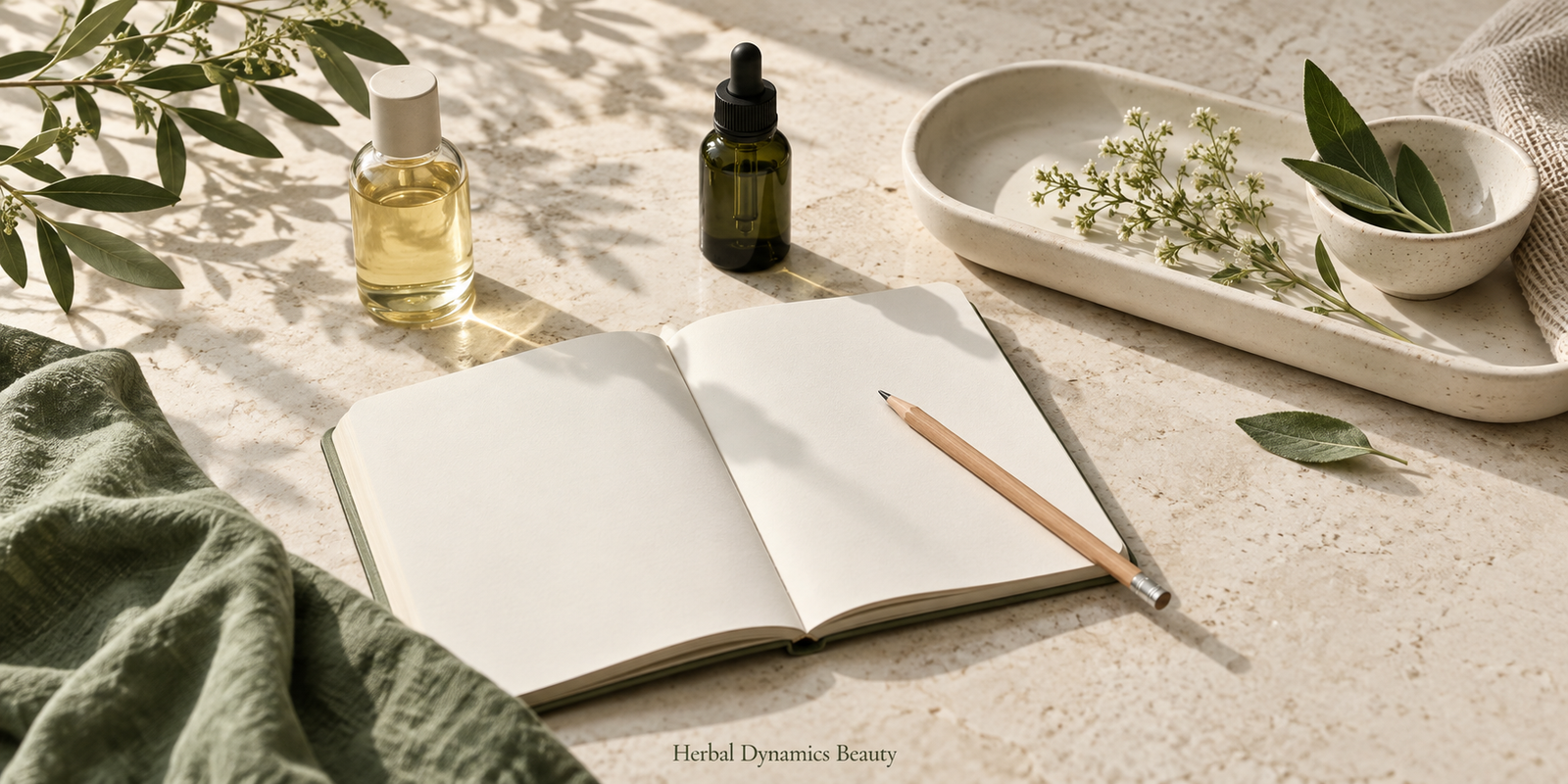 An open notebook and pencil beside skincare bottles and botanical leaves.
