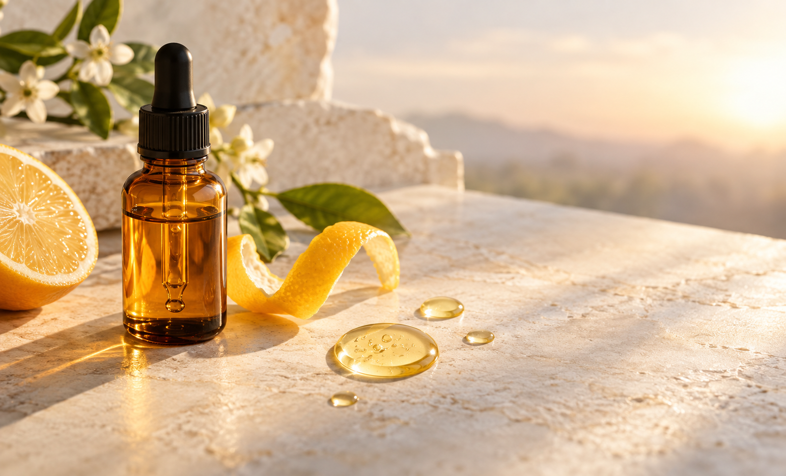 Vitamin C serum and golden droplets in luminous morning light