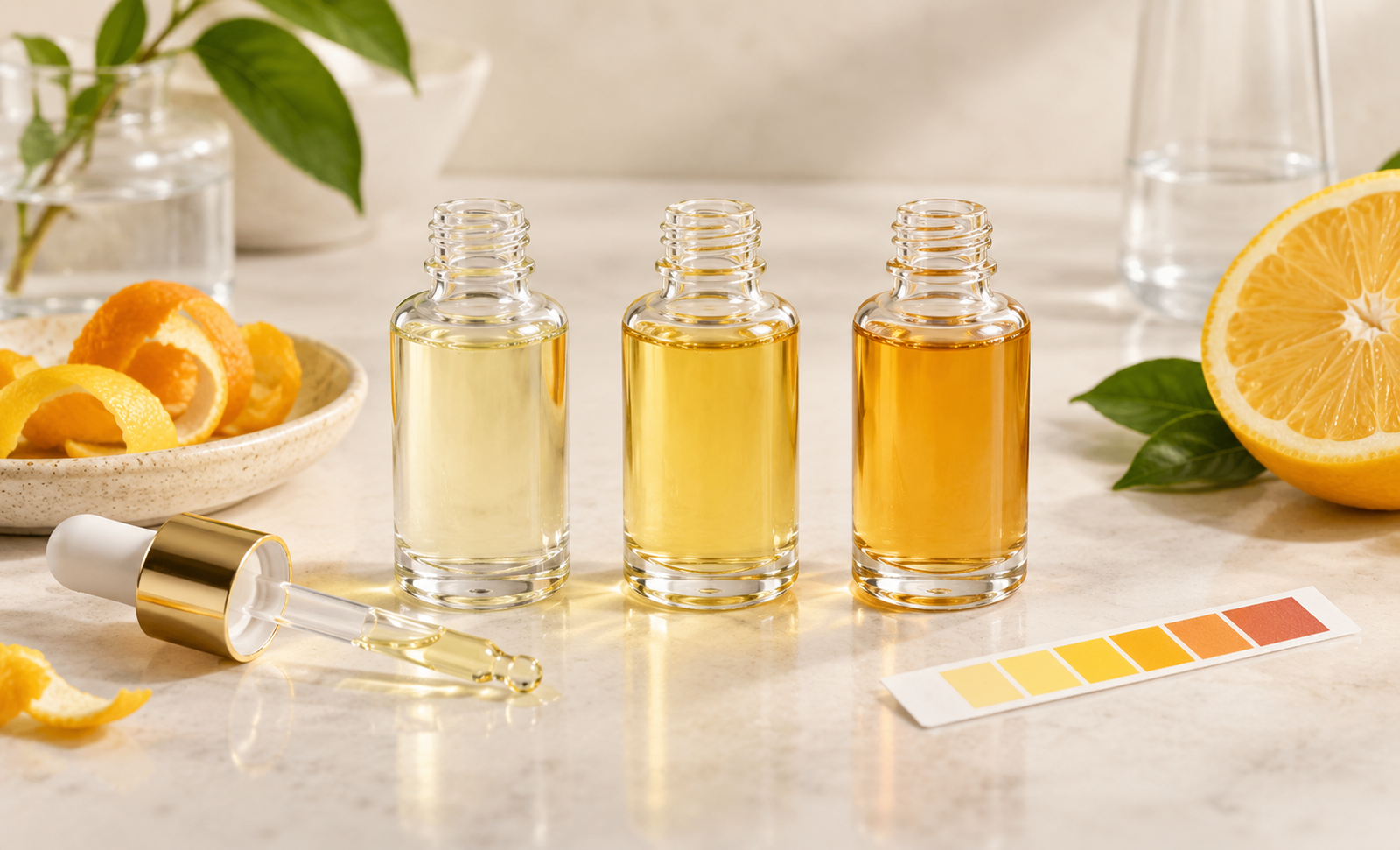 Three vitamin C serum tones representing different formulation concentrations