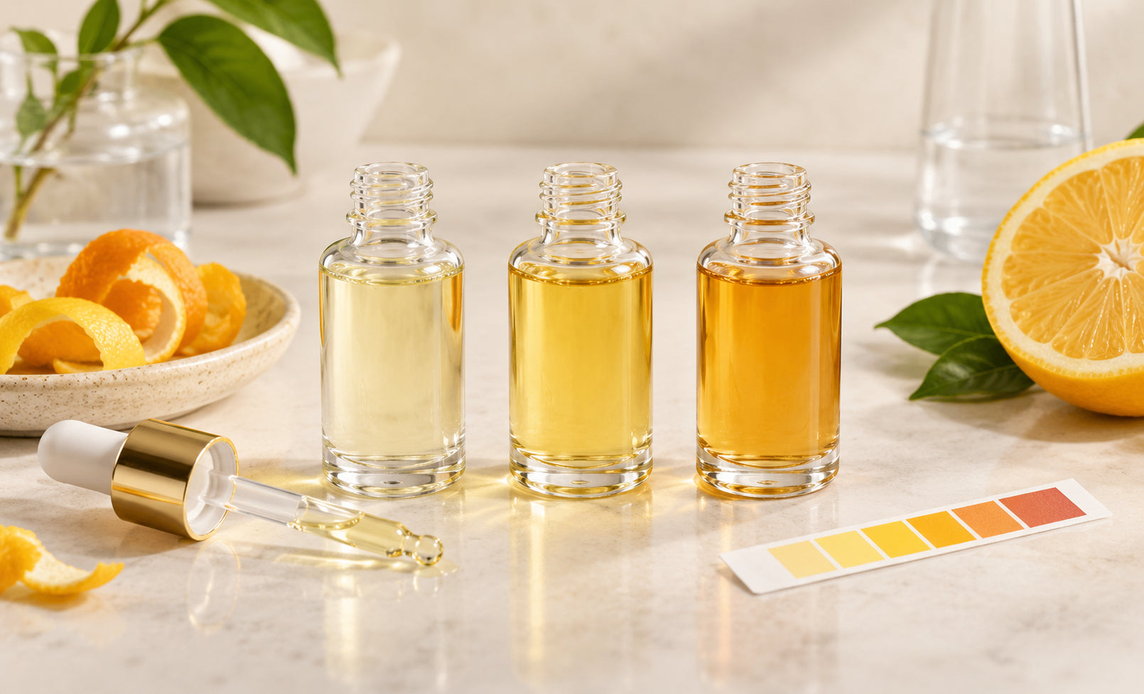 Three vitamin C serum tones representing different formulation concentrations
