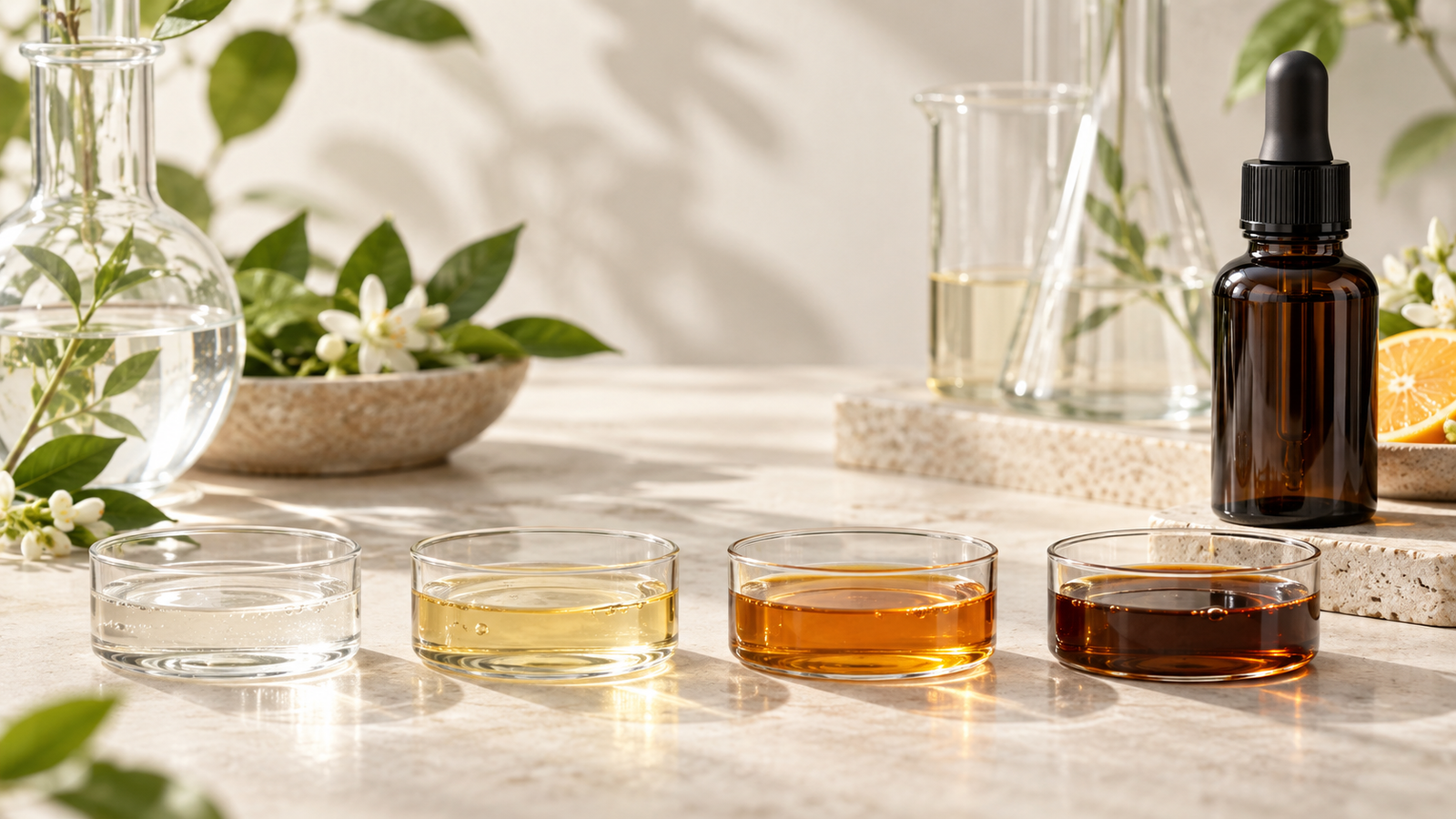Vitamin C serum color progression from clear to deep brown as it oxidizes