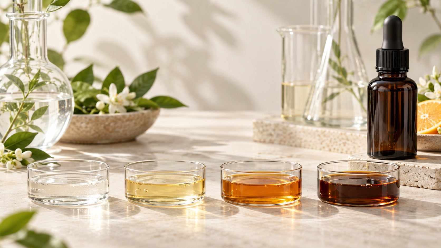 Vitamin C serum color progression from clear to deep brown as it oxidizes
